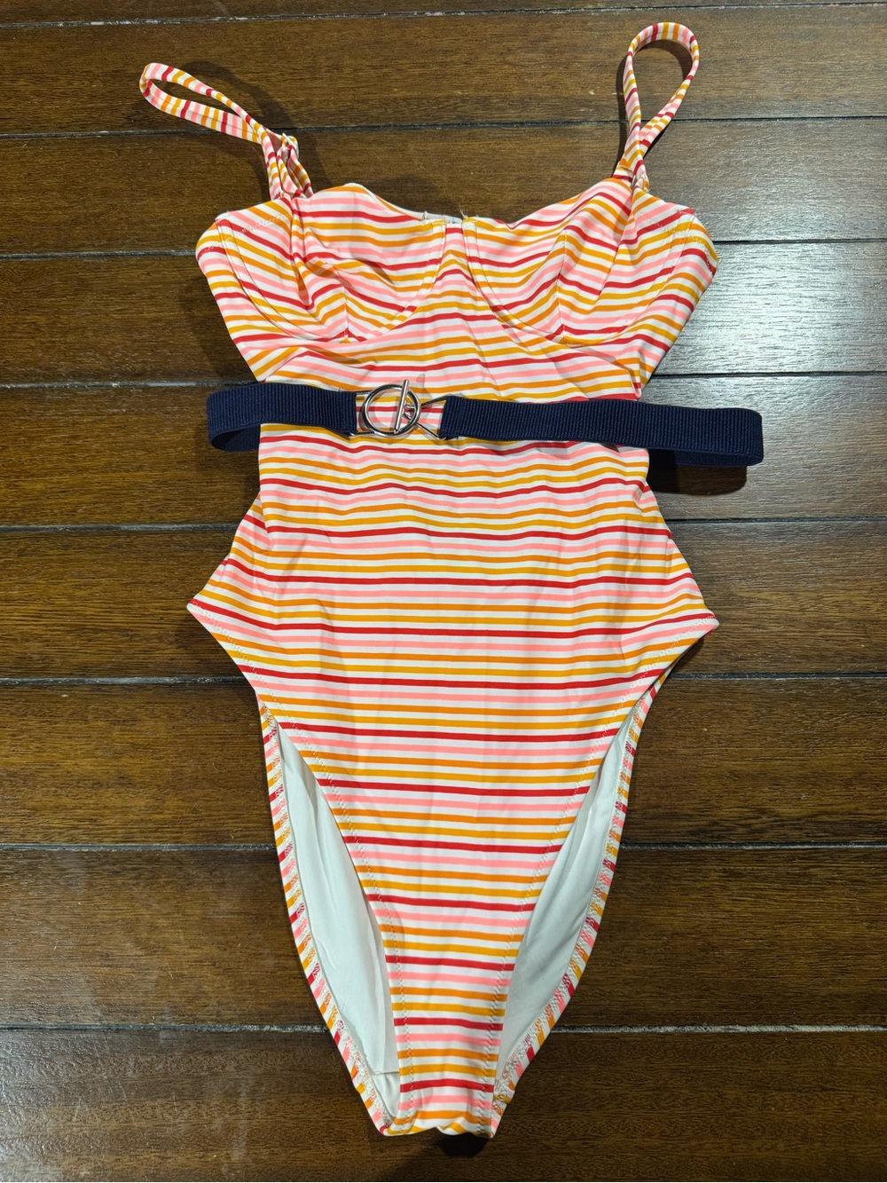 Aerie Striped One-Piece Swimsuit with Navy Belt size L